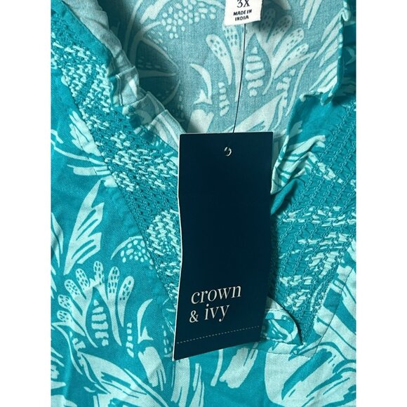Crown & Ivy Turquoise Peasant Popover Blouse 3X NWT Tropical Vacation Cruise. Q - Picture 7 of 8